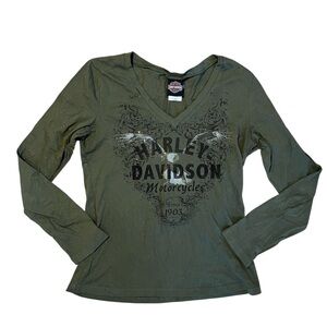 Harley-Davidson Biker Y2K Embellished Graphic V-Neck Olive Green Long Sleeve Tee